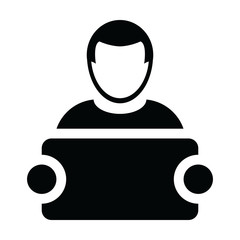 Fototapeta premium Communication icon vector male person profile avatar symbol with signboard for advertising campaign in glyph pictogram illustration