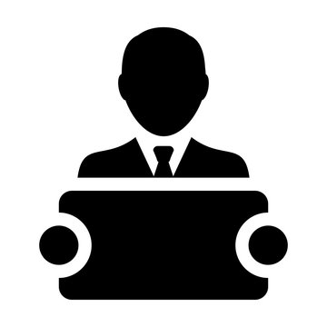 recommend clip art: Pr icon vector male person profile avatar symbol with signboard for public relations in glyph pictogram illustration