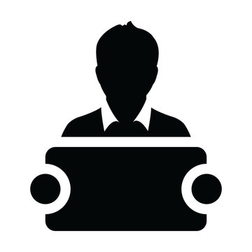 recommend clip art: Announcement icon vector male person profile avatar symbol with signboard for advertising campaign in glyph pictogram illustration