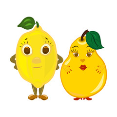 Two funny yellow fruits, a lemon and a pear, he and she