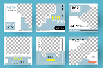 Modern promotion square web banner for social media mobile apps. Elegant sale and discount promo backgrounds fo digital marketing. Email ad newsletter layouts. Blue. Fashion  Sale. Bag. Dress.