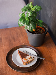 chocolate cake on plate in dessert cafe, a dessert brownie of homemade cherry tart