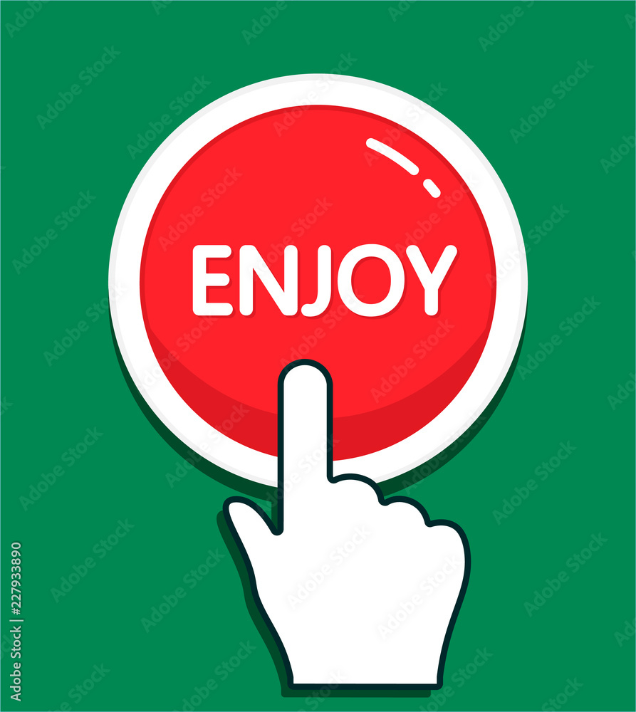 Poster hand cursor clicks the round enjoy button. hand icon pointer. illustration for graphic and web desig