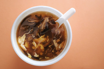 Top view of a bowl of Hong Kong-Style Imitation Shark Fin Soup, a very popular street snack in Hong Kong