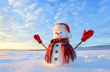 Winter scenery. Happy snowman in hat, red gloves and scarf on the background of mountains , blue...