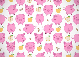 Horizontal greeting card with cute cartoon pink pigs, apples and acorns on white background. Vector