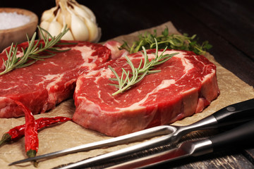 Steak raw. Barbecue Rib Eye Steak, dry Aged Wagyu Entrecote Steak.