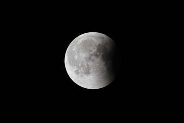 Super Bloody Moon, full eclipse last phase against black sky background, small part of Moon surface covered by Earth's shadow