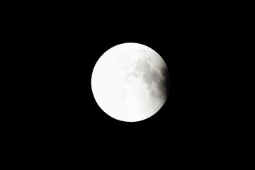 Super Bloody Moon, full eclipse last phase against black sky background, small part of Moon surface covered by Earth's shadow