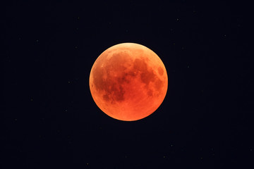 Super Bloody Moon, full eclipse phase against starry sky background