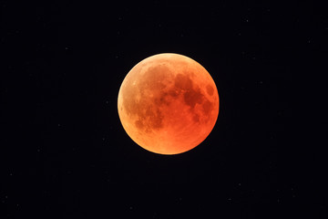 Super Bloody Moon, full eclipse phase against starry sky background