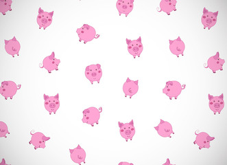 Horizontal greeting card with cute cartoon pink pigs, apples and acorns on white. Vector