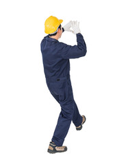 Workman with blue coveralls and hardhat in a uniform with clipping path