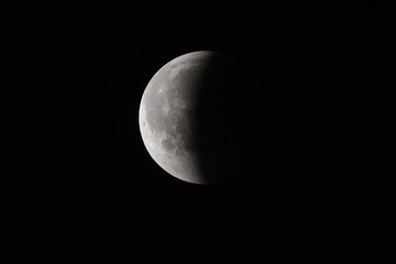 Super Bloody Moon, full eclipse end phase against black sky background, half of the Moon surface covered by Earth's shadow