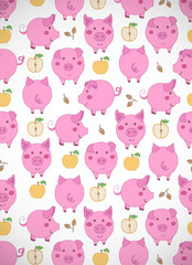 Vertical greeting card with cute cartoon pink pigs, apples and acorns on white. Vector