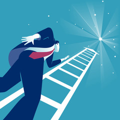 Reaching the Stars. Businessman steps onto ladder pointing to the star. Business concept illustration - obrazy, fototapety, plakaty