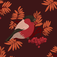 Seamless pattern with bullfinch on a branch of Rowan. Seasonal natural pattern with Rowan berries. Digital illustration