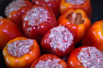  Homemade  stuffed sweet pepper. Step by step recipe.  Stewed sweet peppers stuffed with meat and rice.

