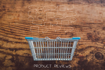 grocery store shopping basket on wooden surface with customer comments