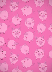 Vertical greeting card with cute cartoon pink pigs, apples and acorns on dark pink background. Vector