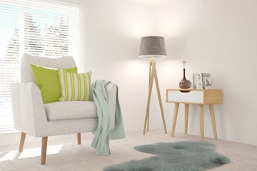 White room with armchair and winter landscape in window. Scandinavian interior design. 3D illustration
