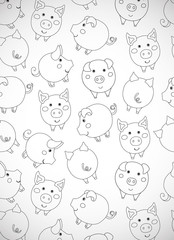 Vertical greeting card with cute cartoon contour pigs, apples and acorns. Vector