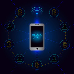 Blockchain network using smartphone banner .Circle blocks connection with each other and shapes crypto chain. Blockchain cryptocurrencies global network technology e-commerce business management.