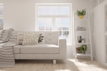 White room with sofa and winter landscape in window. Scandinavian interior design. 3D illustration