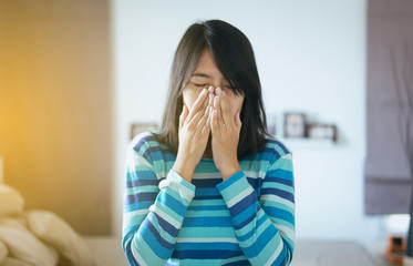 Woman with allergy symptoms problem,Female got nose sneezing