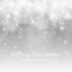 Merry Christmas background with abstract snowflakes.  Winter silver background. Template for your design, greeting card, banner and poster. Vector illustration