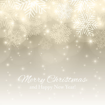 Merry Christmas background with abstract snowflakes.  Winter gold background. Template for your design, greeting card, banner and poster. Vector illustration