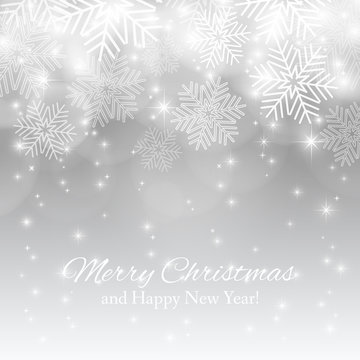Merry Christmas background with abstract snowflakes.  Winter silver background. Template for your design, greeting card, banner and poster. Vector illustration