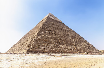 Fototapeta na wymiar The Pyramid of Khafre or of Chephren, is the second-tallest and second-largest of the Ancient Egyptian Pyramids of Giza and the tomb of the Fourth-Dynasty pharaoh Khafre (Chefren)