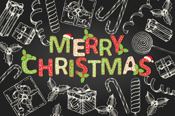 Background with Christmas Cookie Letters - "Merry Christmas" and hand drawn doodle gifts, candies, holly leaves and serpentine. Happy New Year. Sketch. 
