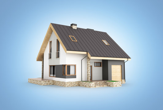 Illustration of a modern house with a garage isolated on blue gadient background 3d render