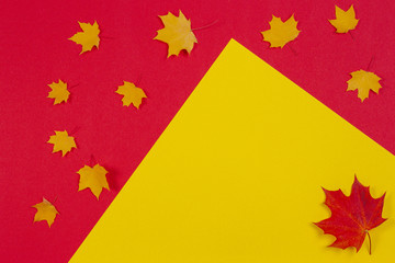 Autumn composition. Frame made of autumn maple leaves on red and yellow background