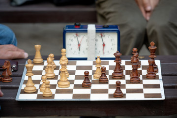 People sit in the park on benches and play chess.