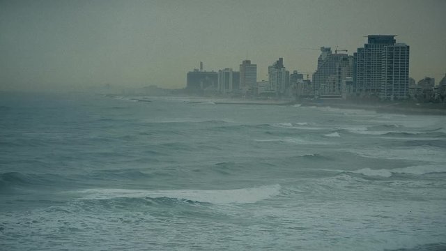 Storm in the Mediterranean Sea. Beach in Tel Aviv, Israel, cca 2015.