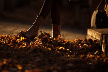 Autumn women's boots kick fallen dry leaves. Autumn walk, women's boots in the leaves and the light of the sunset