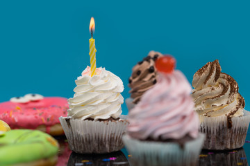 Cupcakes with one birthday candle burning
