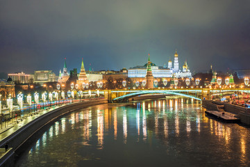 Fototapeta na wymiar Christmas in Moscow. Panoramic view of the Moscow Kremlin