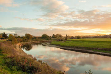 Sunset over the River Wye in Herefordshire, England.