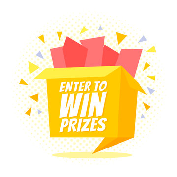 Enter to win prizes gift box. Cartoon origami style vector illustration