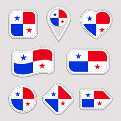 Panama flag stickers set. Panamanian national symbols badges. Isolated geometric icons. Vector official flags collection. Sport pages, patriotic, travel, school, design elements. Different shapes.