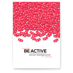 Falling from above red icons of social media network activity. Vector motivational poster, cover design. Notification of likes, comments, followers. Sign of social network activity with counters.