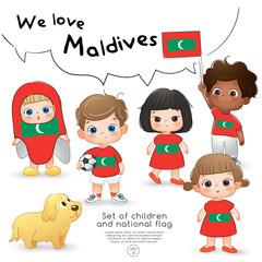 Maldives : Boys and girls holding flag and wearing shirts with national flag print : Vector Illustration