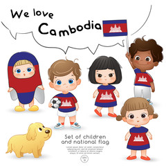 Cambodia : Boys and girls holding flag and wearing shirts with national flag print : Vector Illustration