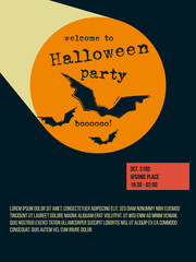 Halloween party invitation poster design template, with bats silhouette in orange circle on dark background, vector graphics - 227946059