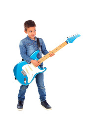 Happy child playing electric blue guitar