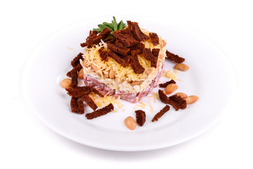 Salad of ham, beans, cheese and rusk